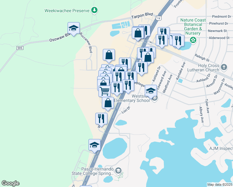 map of restaurants, bars, coffee shops, grocery stores, and more near 1337 Commercial Way in Spring Hill