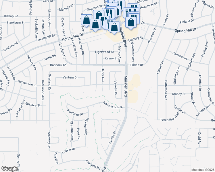 map of restaurants, bars, coffee shops, grocery stores, and more near 10994 Henderson Street in Spring Hill