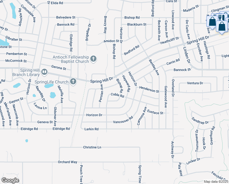 map of restaurants, bars, coffee shops, grocery stores, and more near 1283 Coble Road in Spring Hill