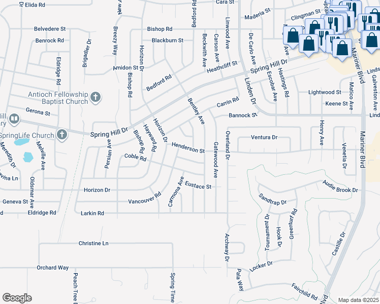 map of restaurants, bars, coffee shops, grocery stores, and more near 10170 Henderson Street in Spring Hill