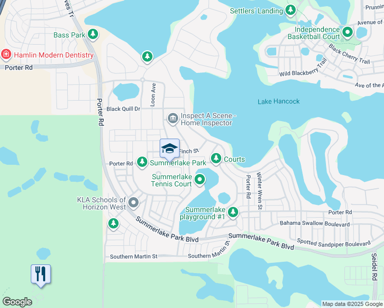 map of restaurants, bars, coffee shops, grocery stores, and more near 7597 Purple Finch Street in Winter Garden