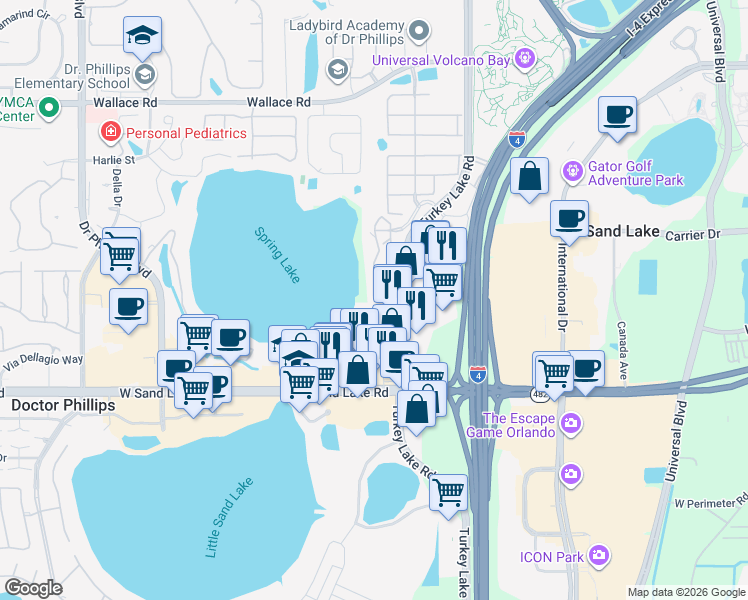 map of restaurants, bars, coffee shops, grocery stores, and more near 7600 Majorca Place in Orlando