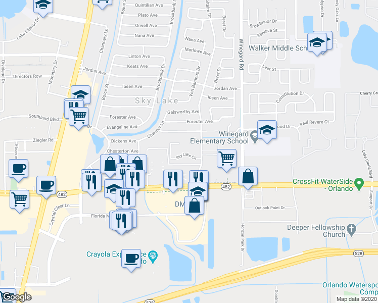 map of restaurants, bars, coffee shops, grocery stores, and more near 825 Sky Lake Circle in Orlando