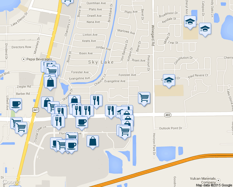 map of restaurants, bars, coffee shops, grocery stores, and more near 849 Sky Lake Circle in Orlando