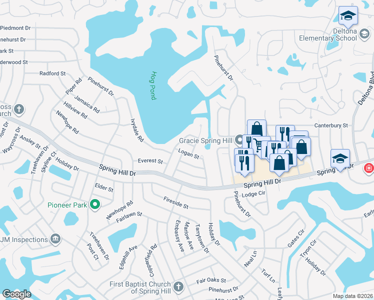 map of restaurants, bars, coffee shops, grocery stores, and more near 7143 Logan Street in Spring Hill