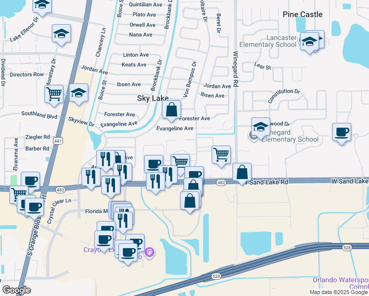 map of restaurants, bars, coffee shops, grocery stores, and more near 825 Sky Lake Circle in Orlando
