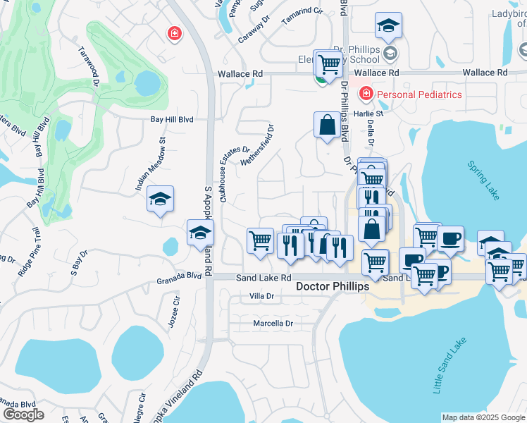 map of restaurants, bars, coffee shops, grocery stores, and more near 8317 Sandpoint Boulevard in Orlando