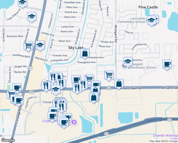 map of restaurants, bars, coffee shops, grocery stores, and more near 825 Sky Lake Circle in Orlando