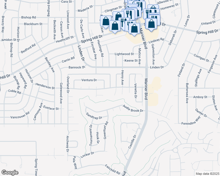 map of restaurants, bars, coffee shops, grocery stores, and more near 10449 Henderson Street in Spring Hill