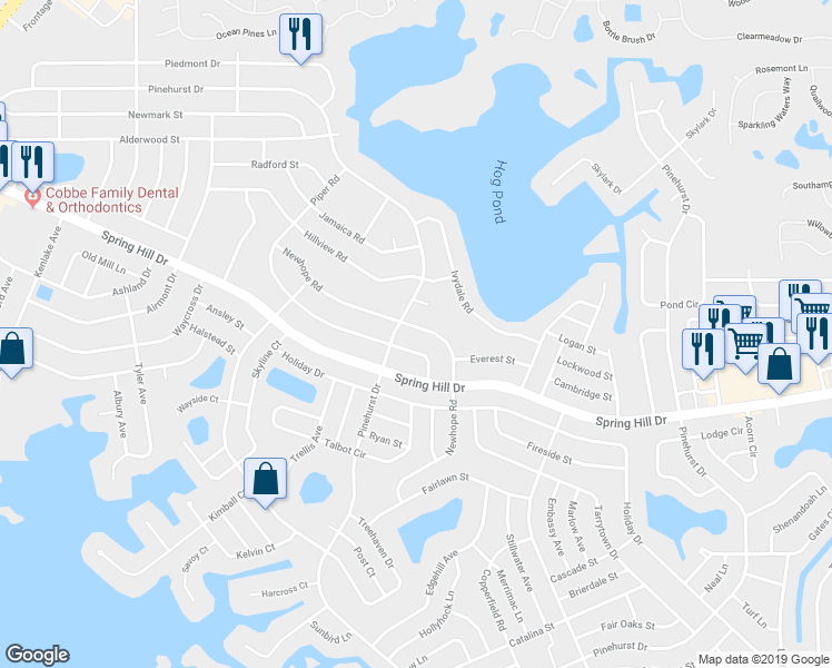 map of restaurants, bars, coffee shops, grocery stores, and more near 1379 Newhope Road in Spring Hill