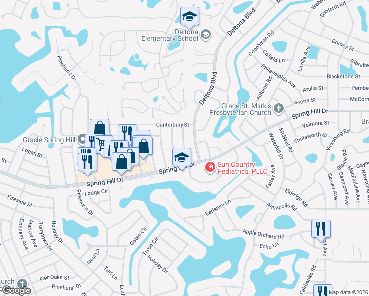 map of restaurants, bars, coffee shops, grocery stores, and more near 8125 Omaha Circle in Spring Hill