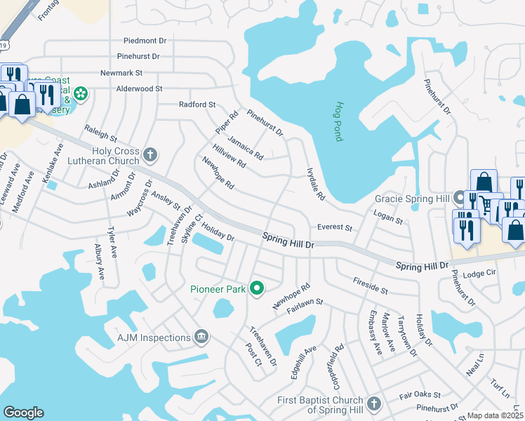 map of restaurants, bars, coffee shops, grocery stores, and more near 1328 Piper Road in Spring Hill