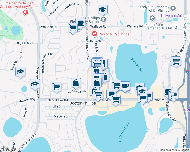 map of restaurants, bars, coffee shops, grocery stores, and more near 7524 Doctor Phillips Boulevard in Orlando