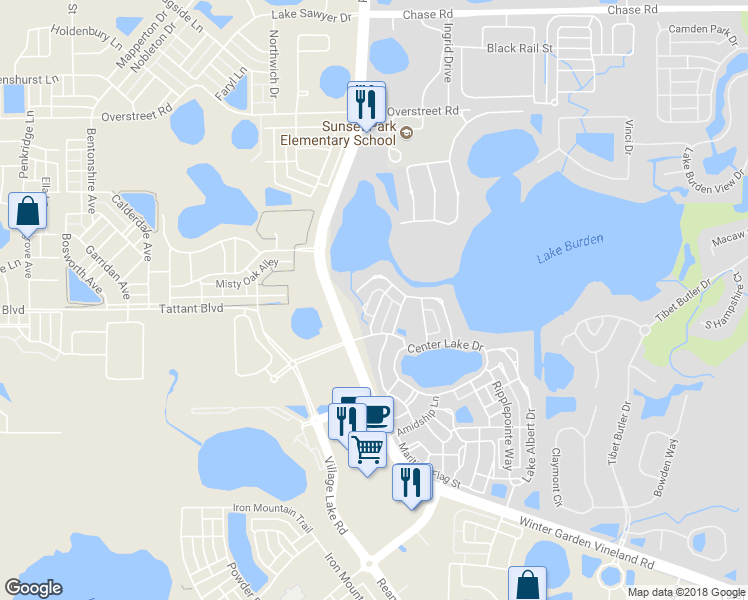 map of restaurants, bars, coffee shops, grocery stores, and more near 7318 Brightland Street in Windermere