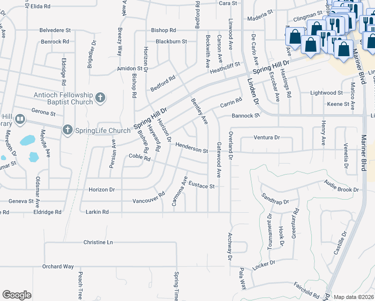 map of restaurants, bars, coffee shops, grocery stores, and more near 10170 Henderson Street in Spring Hill