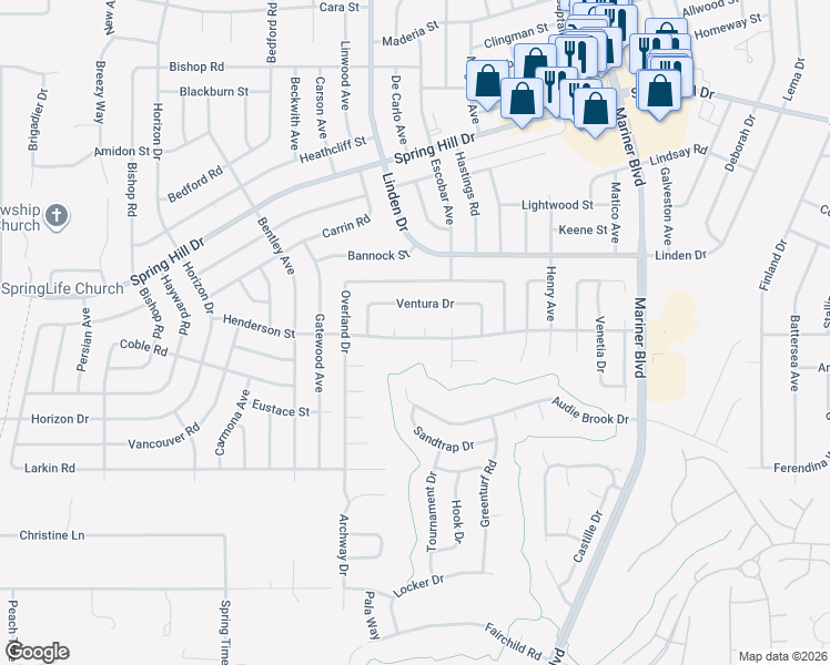 map of restaurants, bars, coffee shops, grocery stores, and more near 1269 Hubbard Court in Spring Hill