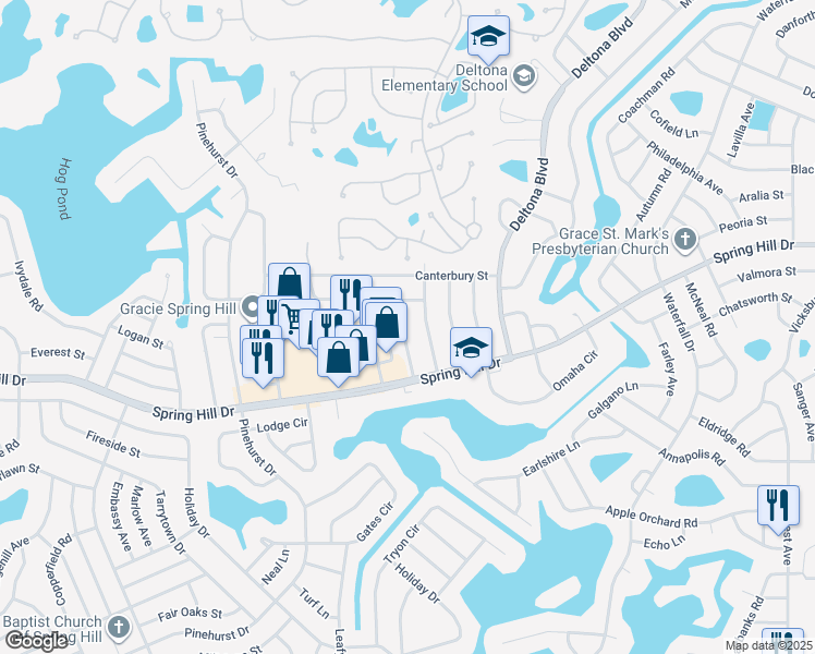 map of restaurants, bars, coffee shops, grocery stores, and more near 1290 Malone Avenue in Spring Hill