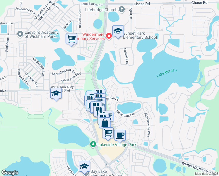 map of restaurants, bars, coffee shops, grocery stores, and more near 7318 Brightland Street in Windermere