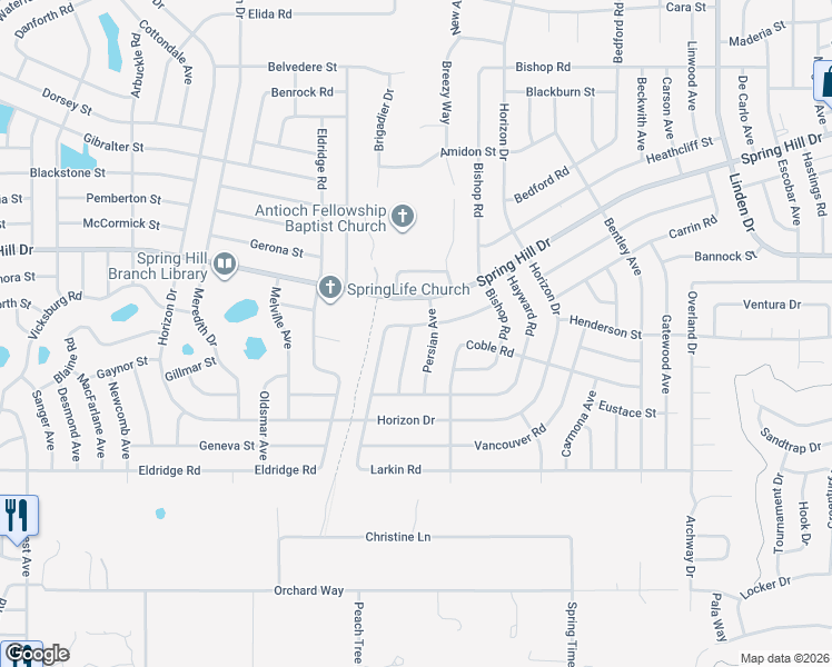 map of restaurants, bars, coffee shops, grocery stores, and more near 1282 Van Dale Avenue in Spring Hill