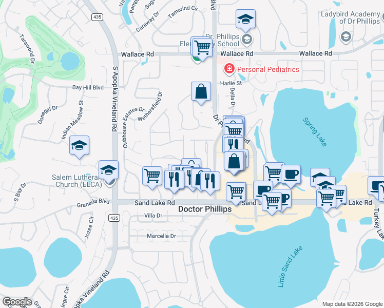 map of restaurants, bars, coffee shops, grocery stores, and more near 7736 Windbreak Road in Orlando