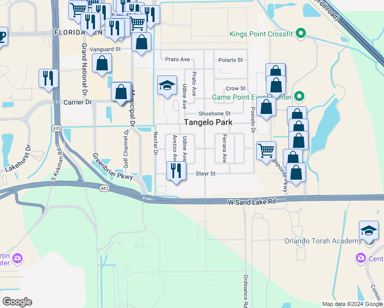 map of restaurants, bars, coffee shops, grocery stores, and more near 7712 Manduria Street in Orlando