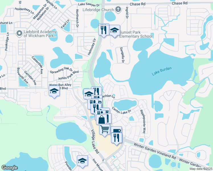 map of restaurants, bars, coffee shops, grocery stores, and more near 7314 Brightland Street in Windermere