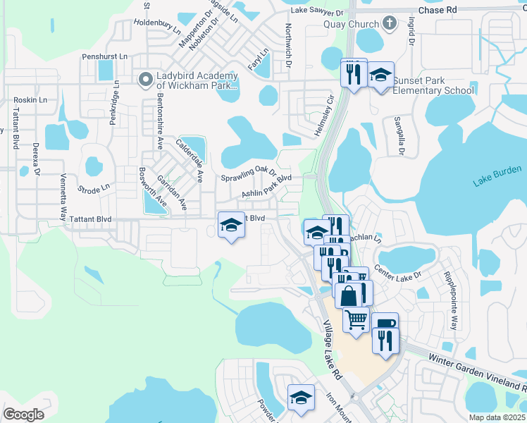 map of restaurants, bars, coffee shops, grocery stores, and more near 11764 Water Run Alley in Windermere