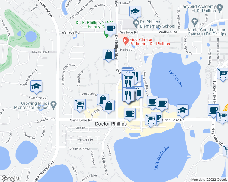 map of restaurants, bars, coffee shops, grocery stores, and more near 7707 High Pine Road in Orlando