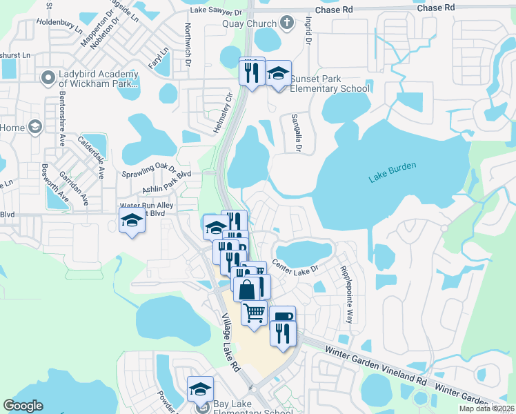 map of restaurants, bars, coffee shops, grocery stores, and more near 7318 Brightland Street in Windermere