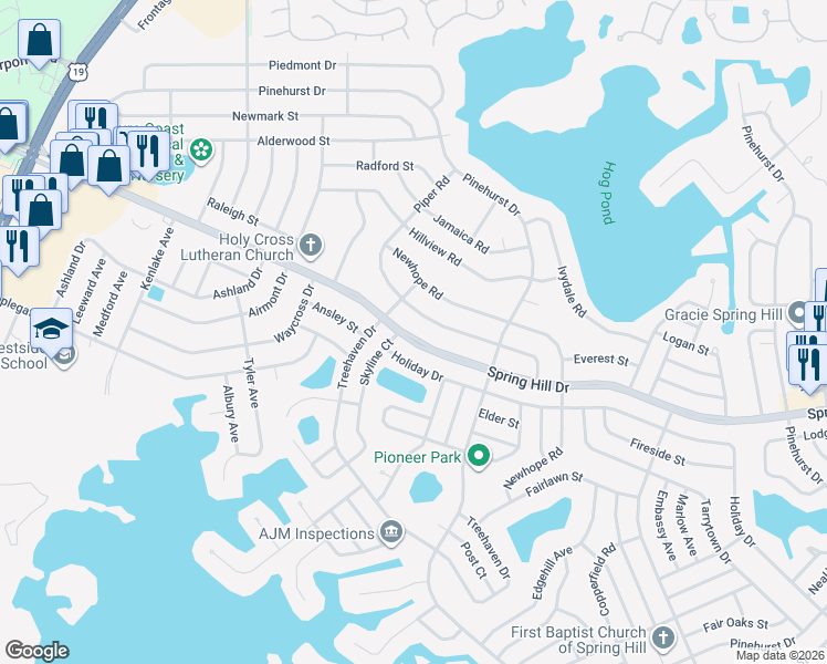 map of restaurants, bars, coffee shops, grocery stores, and more near 6345 Spring Hill Drive in Spring Hill