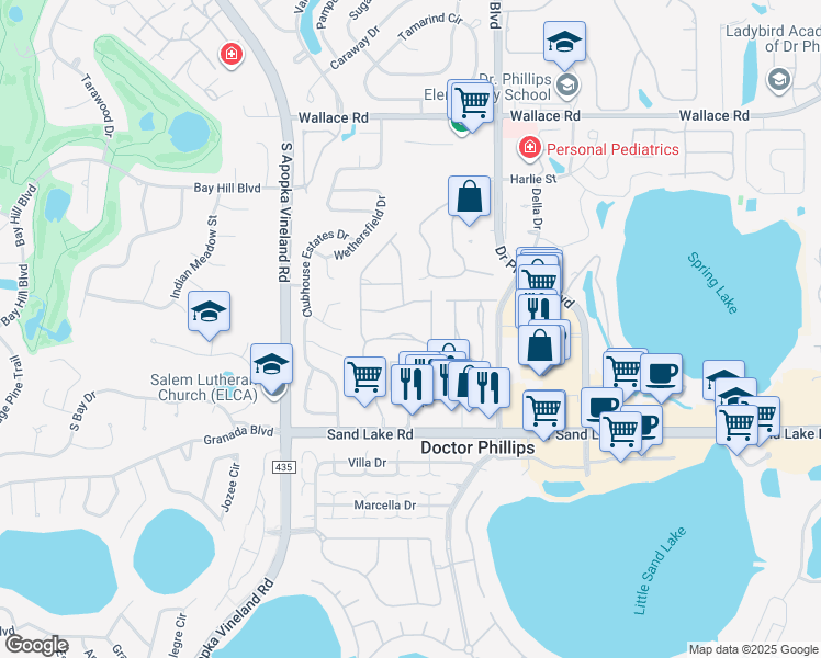 map of restaurants, bars, coffee shops, grocery stores, and more near 8133 Sandpoint Boulevard in Orlando