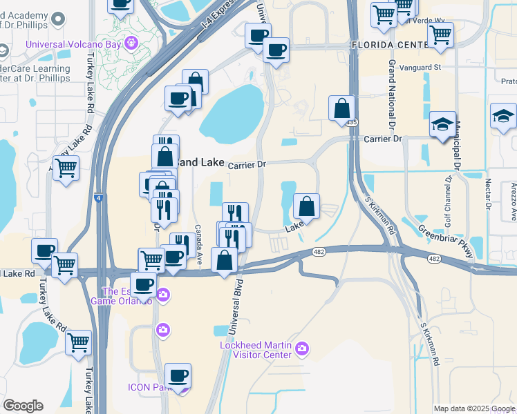 map of restaurants, bars, coffee shops, grocery stores, and more near Universal Boulevard in Orlando