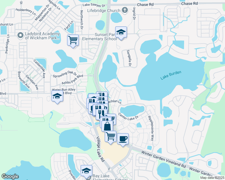 map of restaurants, bars, coffee shops, grocery stores, and more near 7310 Brightland Street in Windermere