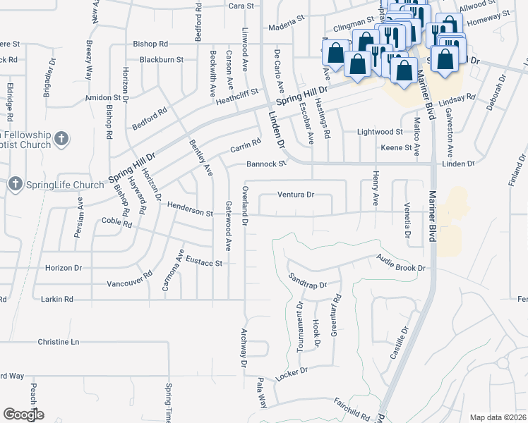 map of restaurants, bars, coffee shops, grocery stores, and more near 10334 Ventura Drive in Spring Hill