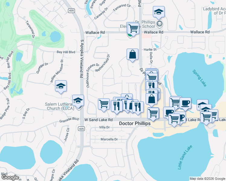 map of restaurants, bars, coffee shops, grocery stores, and more near 8133 Sandpoint Boulevard in Orlando