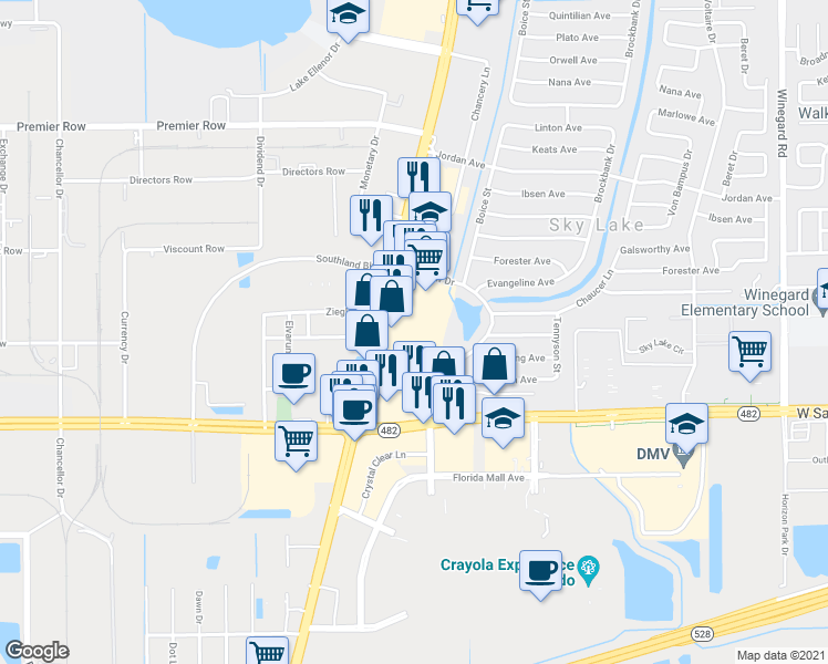 map of restaurants, bars, coffee shops, grocery stores, and more near 7687 South Orange Blossom Trail in Orlando