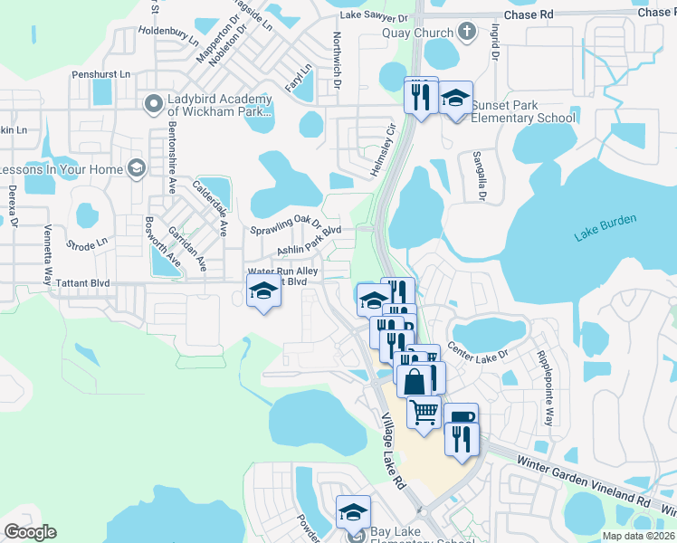 map of restaurants, bars, coffee shops, grocery stores, and more near 11654 Water Run Alley in Windermere