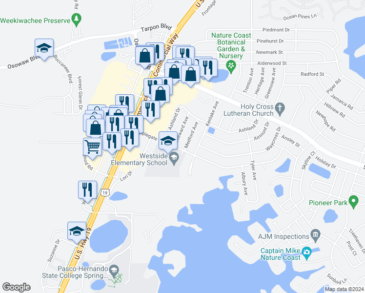 map of restaurants, bars, coffee shops, grocery stores, and more near 1307 Medford Avenue in Spring Hill