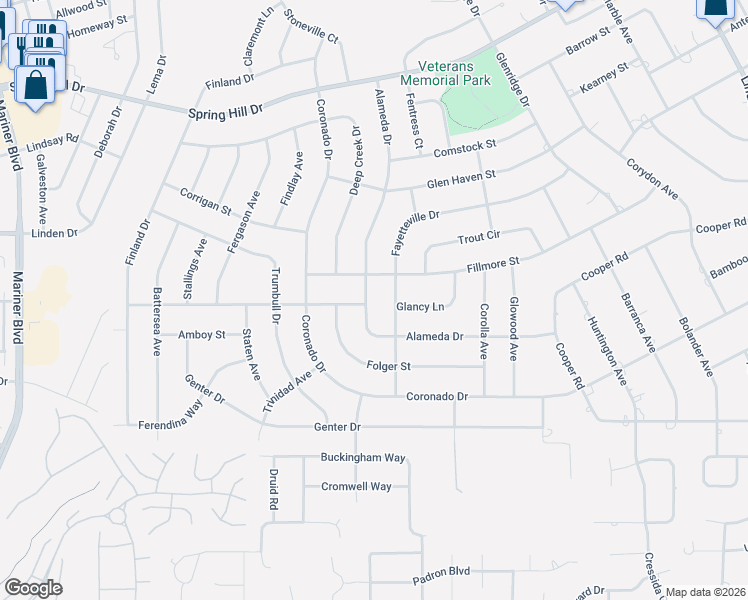 map of restaurants, bars, coffee shops, grocery stores, and more near 1532 Alameda Drive in Spring Hill