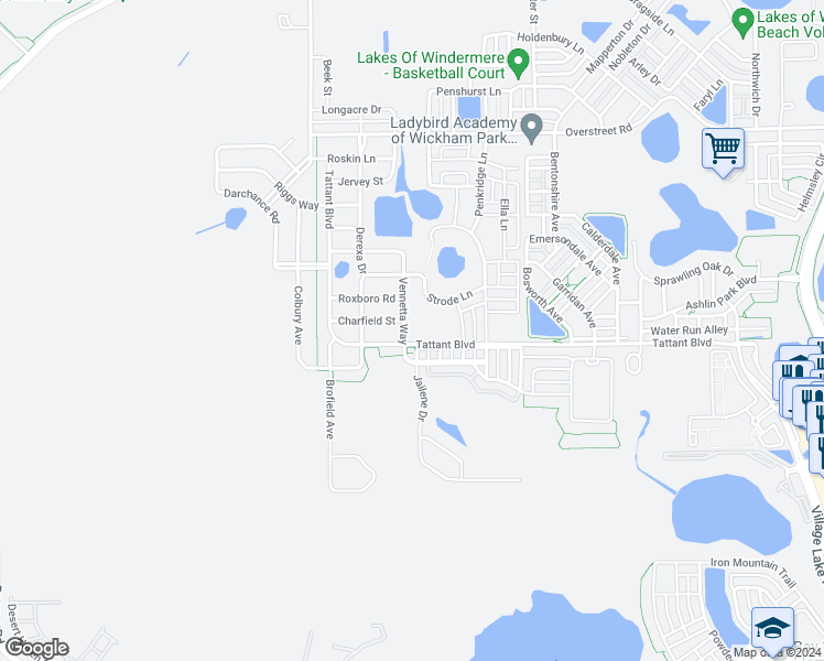 map of restaurants, bars, coffee shops, grocery stores, and more near 13101 Vennetta Way in Windermere