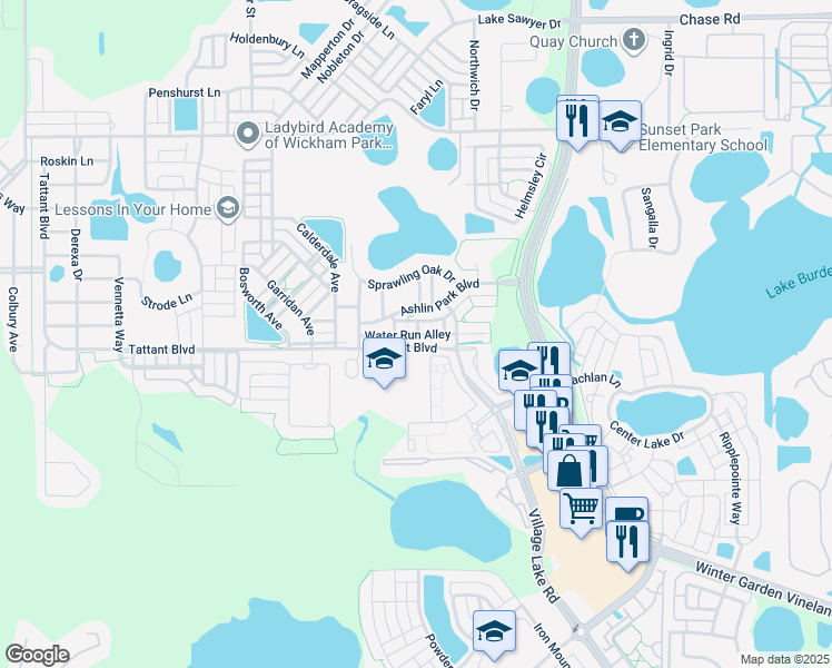 map of restaurants, bars, coffee shops, grocery stores, and more near 11654 Water Run Alley in Windermere