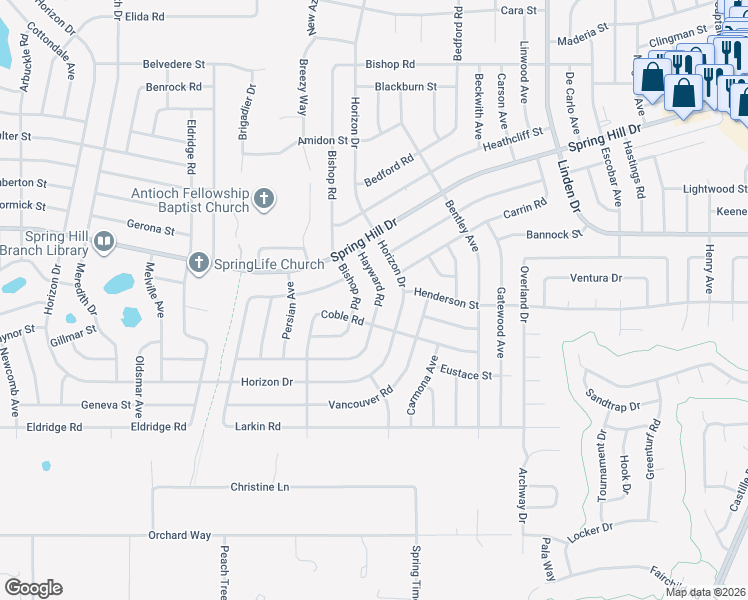 map of restaurants, bars, coffee shops, grocery stores, and more near 10103 Hayward Road in Spring Hill