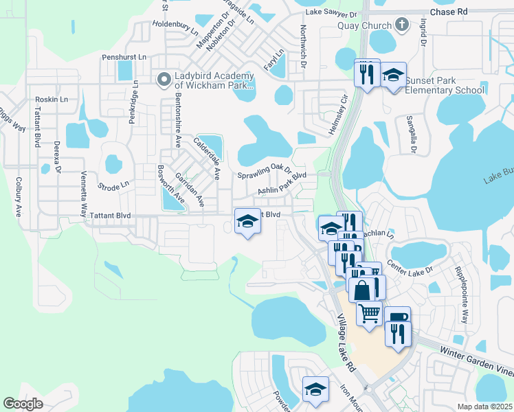 map of restaurants, bars, coffee shops, grocery stores, and more near 11916 Water Run Alley in Windermere