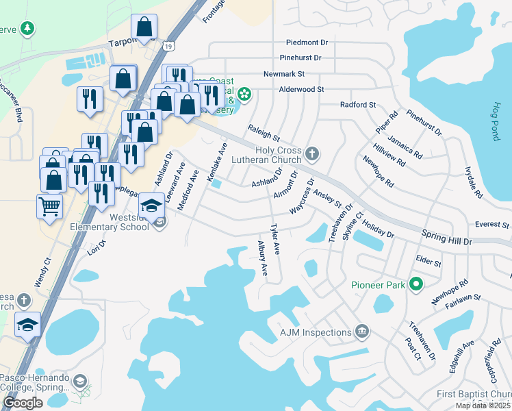 map of restaurants, bars, coffee shops, grocery stores, and more near 6072 Airmont Drive in Spring Hill