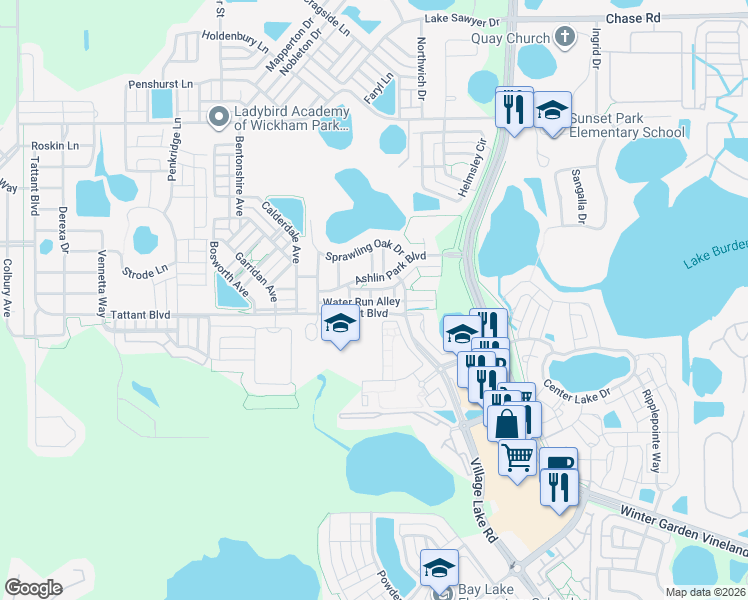 map of restaurants, bars, coffee shops, grocery stores, and more near 11764 Water Run Alley in Windermere