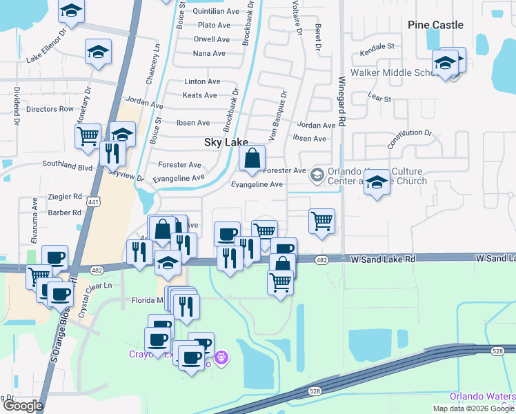 map of restaurants, bars, coffee shops, grocery stores, and more near 849 Sky Lake Circle in Orlando