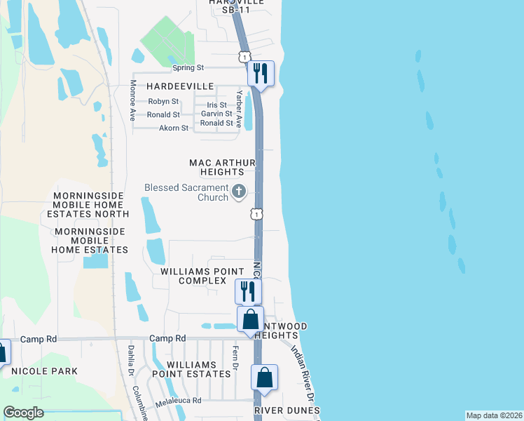map of restaurants, bars, coffee shops, grocery stores, and more near 5080 North Cocoa Boulevard in Cocoa