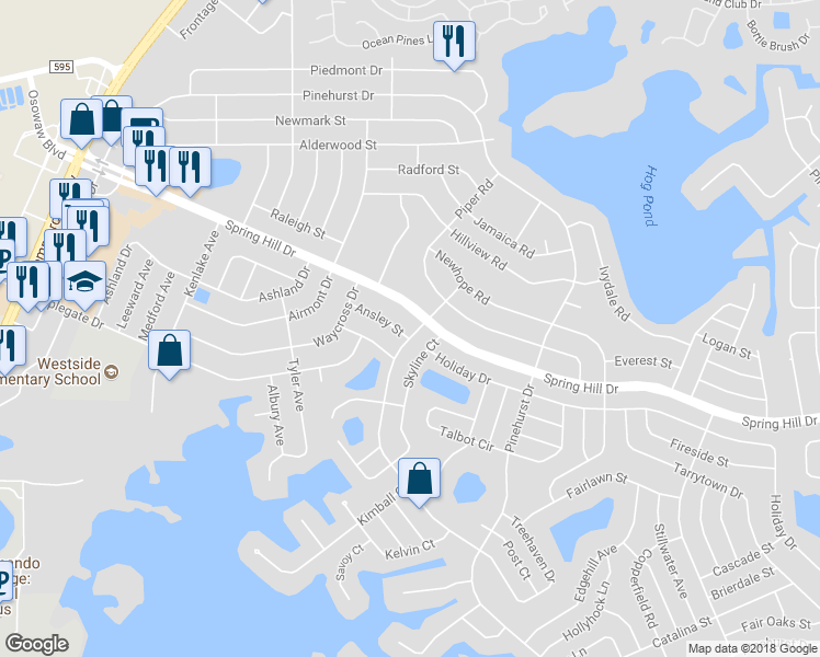 map of restaurants, bars, coffee shops, grocery stores, and more near 6259 Ansley Street in Spring Hill