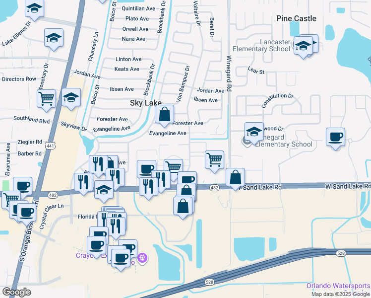 map of restaurants, bars, coffee shops, grocery stores, and more near 825 Sky Lake Circle in Orlando