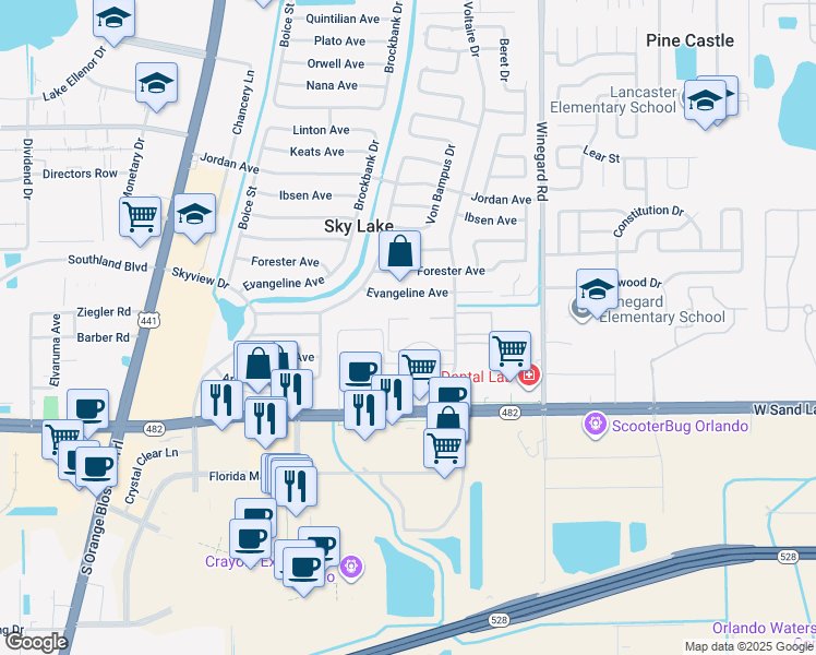 map of restaurants, bars, coffee shops, grocery stores, and more near 849 Sky Lake Circle in Orlando